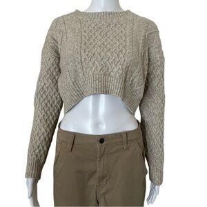 Sincerly Jules Cable Knit Crew Neck Cropped Long Sleeve Beige Sweater Large